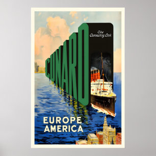 Poster Cartaz de Viagem Antigo Cunard Europa América