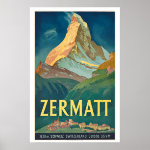 Poster Cartaz de Viagem Antigo de Zermatt Suíça - Enquadr