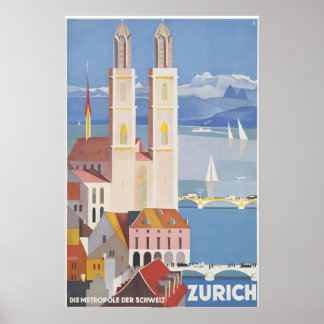 Poster Cartaz de Viagem Antigo Zurique Suíça - Enquadrado