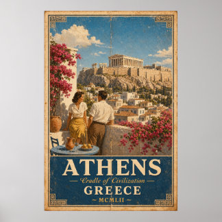 Poster Cartaz de Viagem Atenas Vintage Grécia Mural Acróp