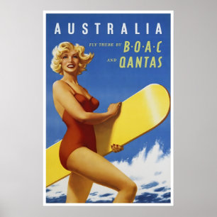 Poster Cartaz de Viagem Austrália Arte de Surf Qantas Imp