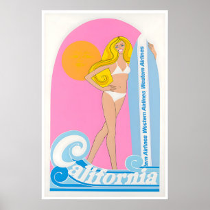Poster Cartaz de Viagem Califórnia Arte de Surf Ocidental