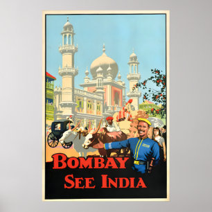 Poster Cartaz de Viagem da Índia Vintage Bombaim Arte de 