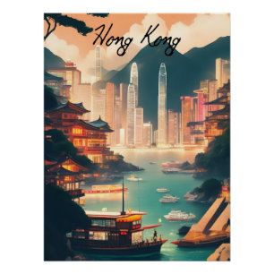 Pôster Cartaz de Viagem da Paisagem Urbana de Hong Kong C