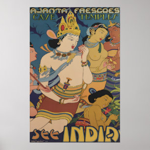Poster Cartaz de Viagem das Cavernas de Ajanta na Índia A