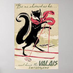 Poster Cartaz de Viagem de Esqui Vintage Valais Suíça Suí