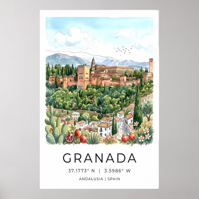Poster Cartaz de Viagem de Granada em Estilo Aquarela (Frente)
