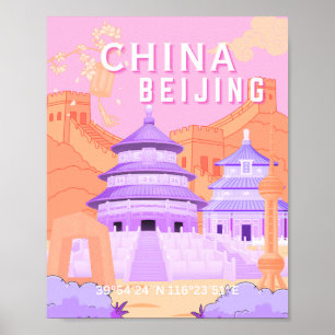 Poster Cartaz de Viagem de Pequim China Arte Rosa e Lav