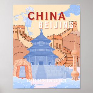 Poster Cartaz de Viagem de Pequim China Azul Pastel e P