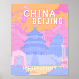 Poster Cartaz de Viagem de Pequim China Pastel Rosa & A