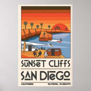 Poster Cartaz de Viagem de San Diego Cena Retro das Falés