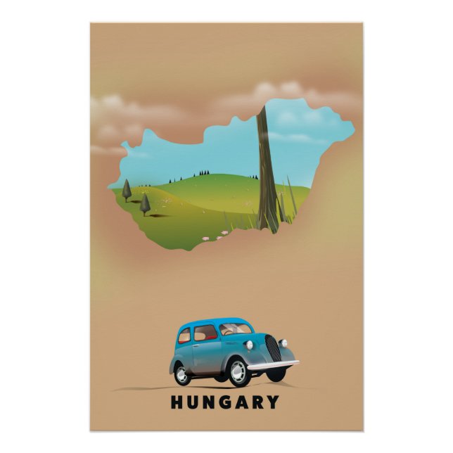 Pôster Cartaz de viagem do mapa ilustrado da Hungria (Frente)
