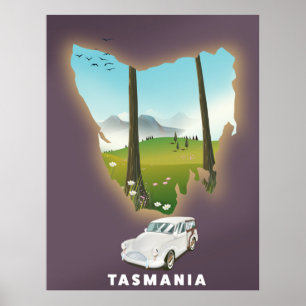 Poster Cartaz de viagem do mapa ilustrado da Tasmânia.