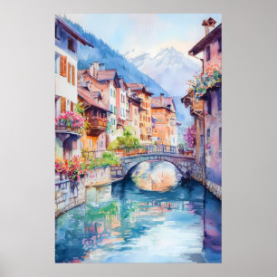 Poster Cartaz de Viagem em Aquarela de Annecy Esqui Vinta