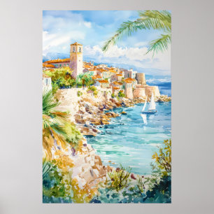 Poster Cartaz de Viagem em Aquarela de Antibes Esqui Vint