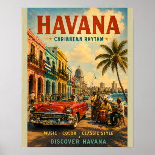 Poster Cartaz de Viagem Havana Vintage com Carros Clássic
