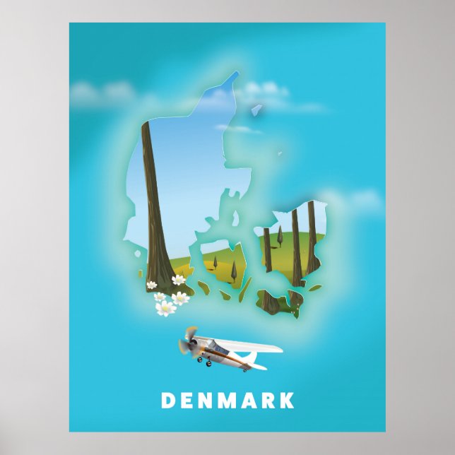 Poster cartaz de viagem ilustrado do mapa da Dinamarca. (Frente)