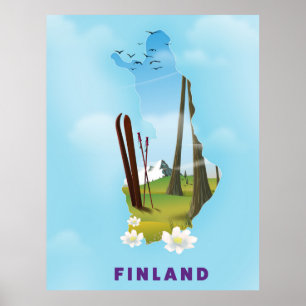 Poster cartaz de viagem ilustrado do mapa da Finlândia