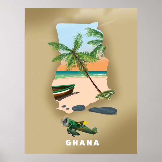 Poster Cartaz de viagem ilustrado do mapa de Gana. (Frente)