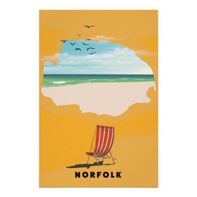 Pôster Cartaz de viagem ilustrado do mapa de Norfolk (Frente)