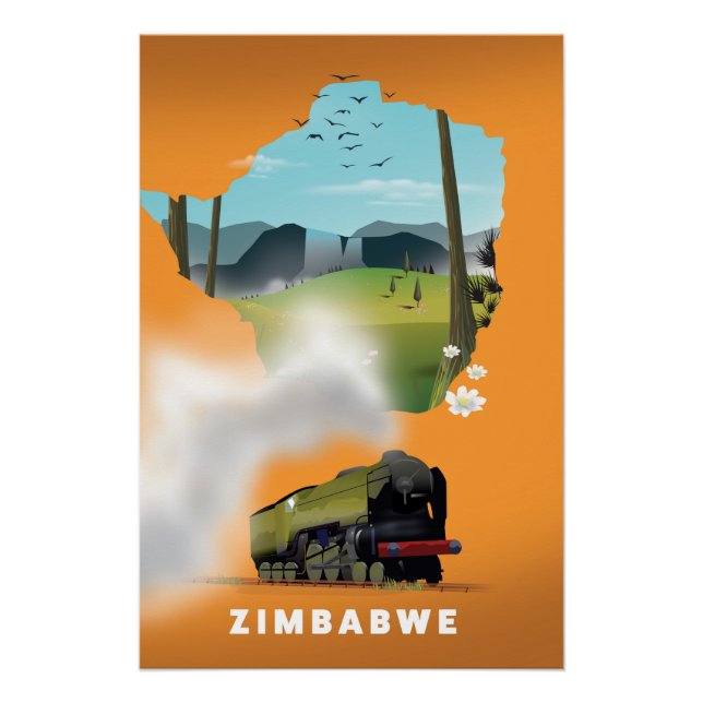 Pôster Cartaz de viagem ilustrado do mapa do Zimbábue (Frente)