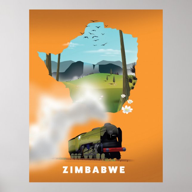 Poster Cartaz de viagem ilustrado do mapa do Zimbábue (Frente)