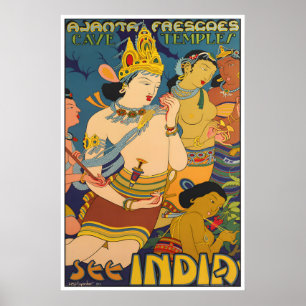 Poster Cartaz de Viagem Índia Arte das Cavernas de Ajanta