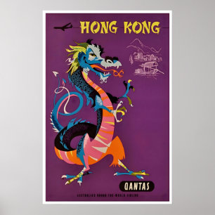 Poster Cartaz de Viagem Qantas Arte de Hong Kong Dragão C
