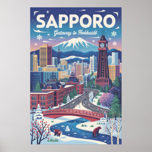 Poster Cartaz de Viagem Retro Sapporo Japão Arte Vintag