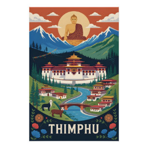 Pôster Cartaz de Viagem Retro Thimphu Butão