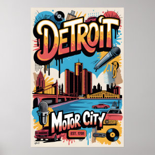 Poster Cartaz de Viagem Urbano de Detroit MI com Grafite