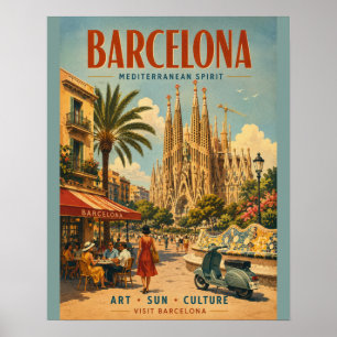Poster Cartaz de Viagem Vintage Barcelona com Mediterrâne