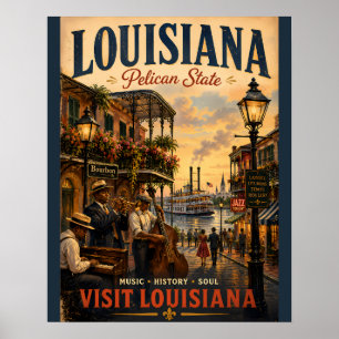 Poster Cartaz de Viagem Vintage da Louisiana com Músico d