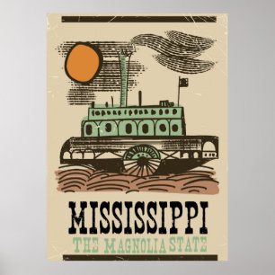 Pôster cartaz de viagem vintage do barco do rio Mississip