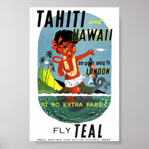 Pôster Cartaz de Viagem Vintage do Taiti Havaí Restaurado