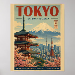 Poster Cartaz de Viagem Vintage do Tóquio com Mt. Fuji, C
