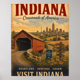 Poster Cartaz de Viagem Vintage Indiana com Ponte Coberta