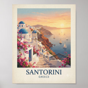 Poster Cartaz de Viagem Vintage Santorini Grécia   Medite