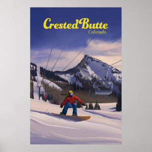 Poster Cartaz de Viagens de Snowboard Crested Butte Color