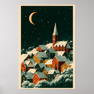 Poster Cartaz de Vila Invernal Nevada à Noite