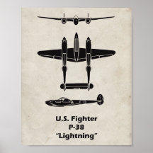 Cartaz do Avião P-38 Lightning da Segunda Guerra M