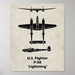 Poster Cartaz do Avião P-38 Lightning da Segunda Guerra M