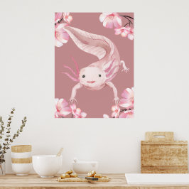 Poster Cartaz do Axolote Floral Rosa