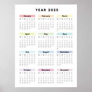 Poster Cartaz do Calendário Minimalista Arco-íris 2025