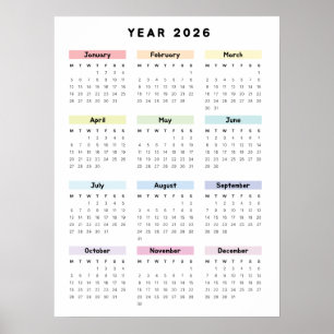 Poster Cartaz do Calendário Minimalista Arco-íris 2026