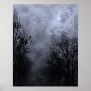 Pôster Cartaz do Céu de Halloween com Névoa Azul de Corvo