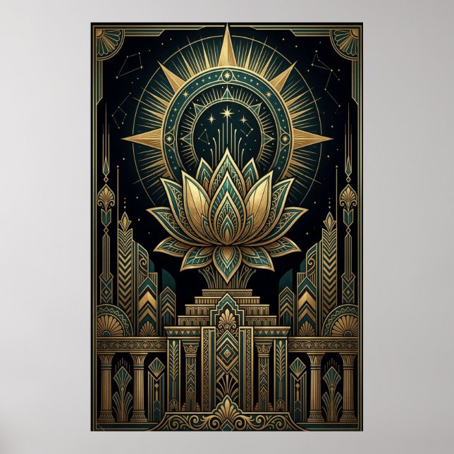 Poster Cartaz do Compasso Celestial Lótus Sagrado Art Déc (Frente)