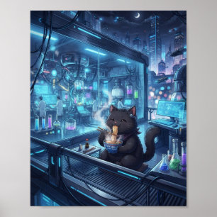 Poster Cartaz do Gato Preto Cyberpunk Tomando Ramen - Fic