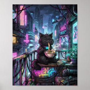 Poster Cartaz do Gato Preto Cyberpunk Tomando Ramen - Neo
