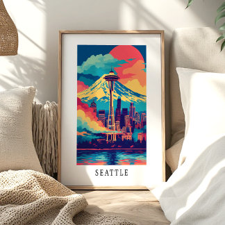 Poster Cartaz do horizonte de Seattle com a agulha espaci